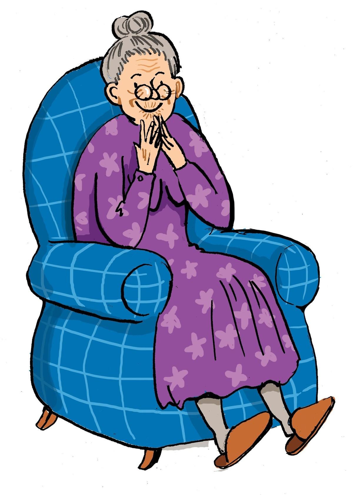 Illustration d'une grand-mère assise dans un fauteuil bleu