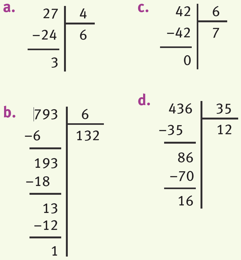 4 divisions : a - 27 divisé par 4, b - 793 divisé par 6, c - 42 divisé par 6, et d - 436 divisé par 35.