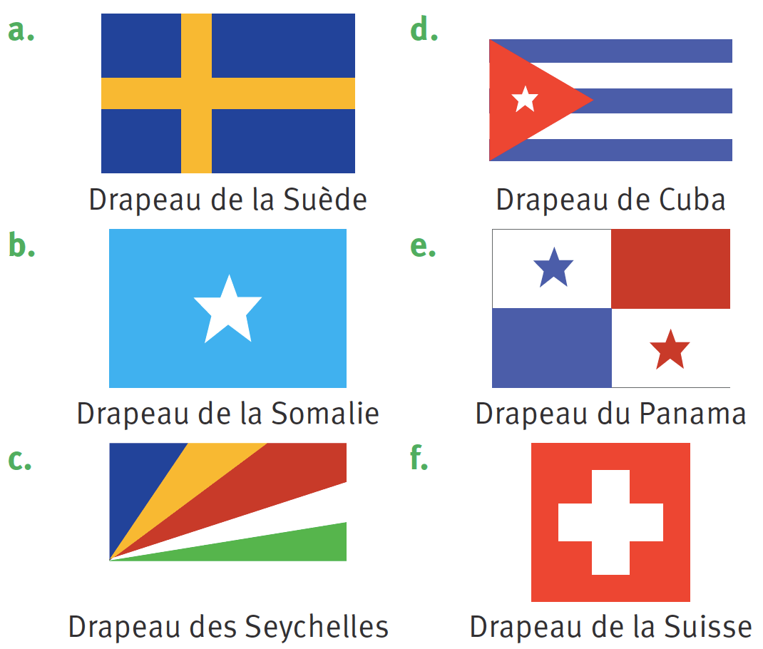 Six drapeaux : Suède, Cuba, Somalie, Panama, Seychelles et Suisse.