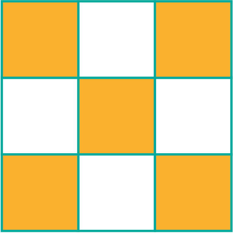 Carré fractionné en 9 petits carrés : 5 oranges et 4 blancs