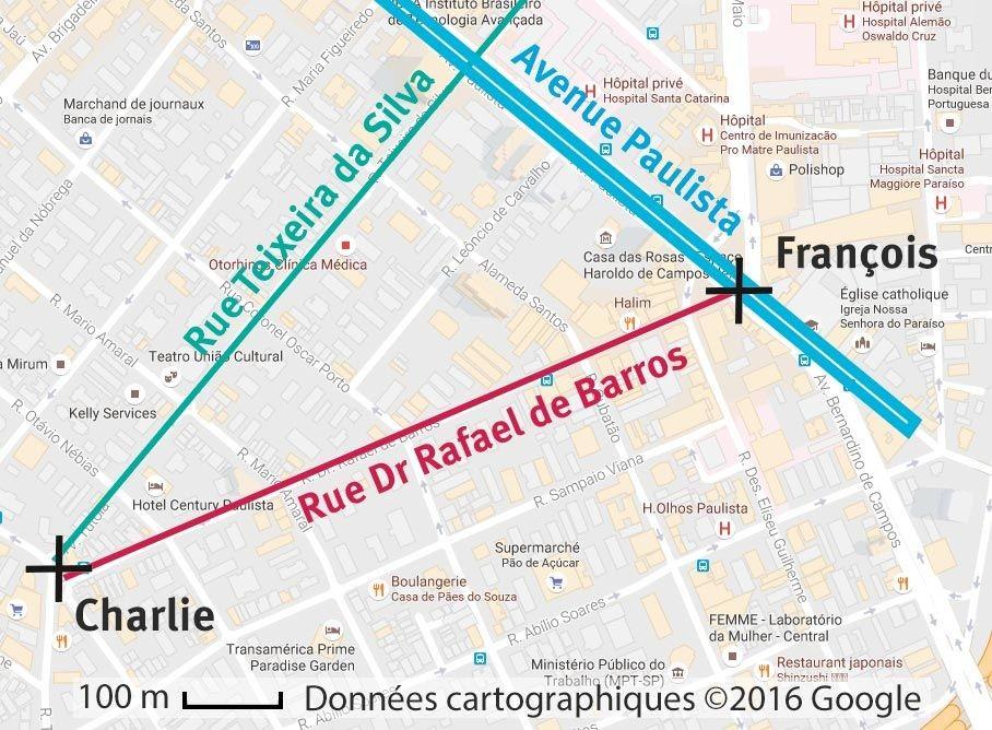 Carte du parcours qu'effectue Charlie à São Paulo pour retrouver François.