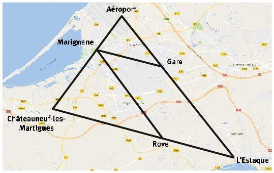 Carte montrant les distances entre Chateauneuf-les-Martigues et le Rove et l'Aéroport