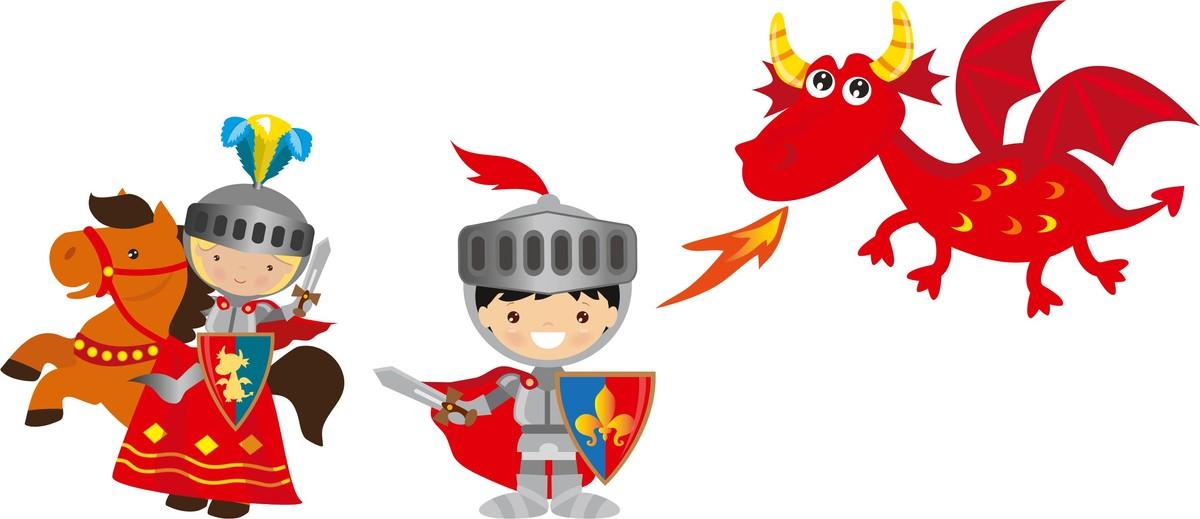 illustration de chevalier, un à cheval, l'autre à pied et d'un dragon