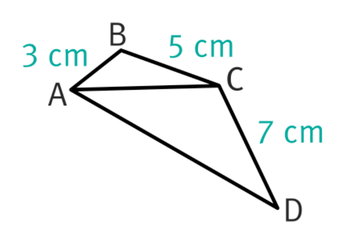 Quadrilatère ABCD, AB=3cm, BC=5cm et CD=7cm. ABC forme un triangle et ACD forme un second triangle.