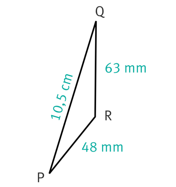 Triangle PQR avec PQ=10,5cm, QR=63mm et PR=48mm