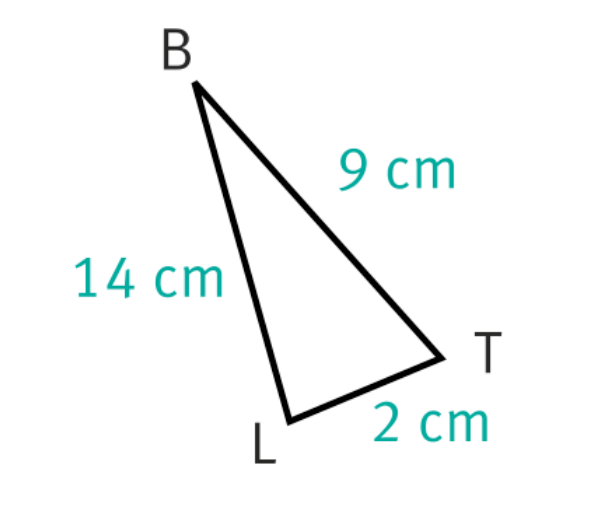Triangle BLT avec BL=14cm, BT=9cm et LT=2cm