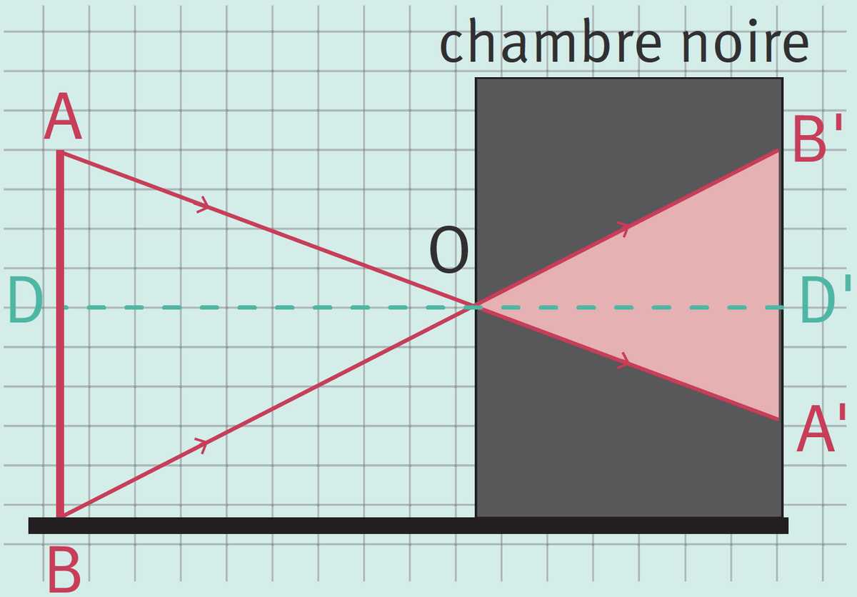 Schéma du mécanisme du sténopé avec le triangle OB'A' dans la chambre noire, le triangle OAB par homothétie en dehors de la chambre noire et le segment DD' passant par O