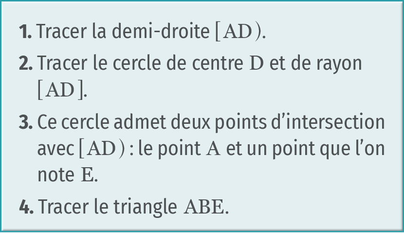 Programme de construction : 1. Tracer la demi-droite [AD).
2. Tracer le cercle de centre D et de rayon [AD].
3. Ce cercle admet deux points d'intersection avec [AD) : le point A et un point que l'on note E.
4. Tracer le triangle ABE.