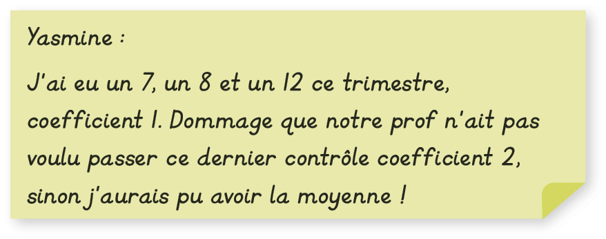 Raisonnement de Yasmine : J'ai eu un 7, un 8 et un 12 ce trimestre,
coefficient I. Dommage que notre prof n'ait pas
voulu passer ce dernier contrôle coefficient 2.
sinon j'aurais pu avoir la moyenne !
