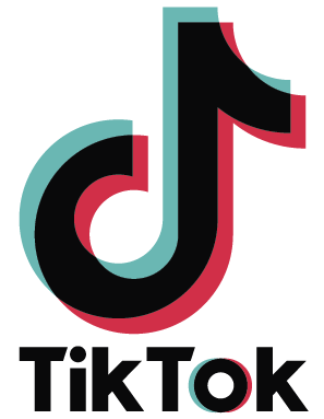 Logo Tiktok : il représente une note de musique noire, rouge et turquoise en dessous de laquelle est inscrit tik tok