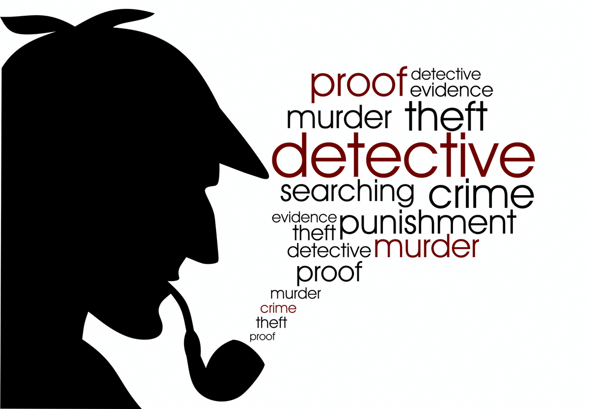 Image de la silhouette d'un détective de profil avec une pipe dans la bouche. De cette pipe sort un nuage de mot : proof, detective, evidence, murder, theft, searching, crime et punishment.