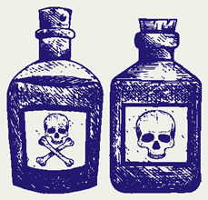 Illustration de deux bouteilles avec une étiquette sur laquelle on voit une tête de mort