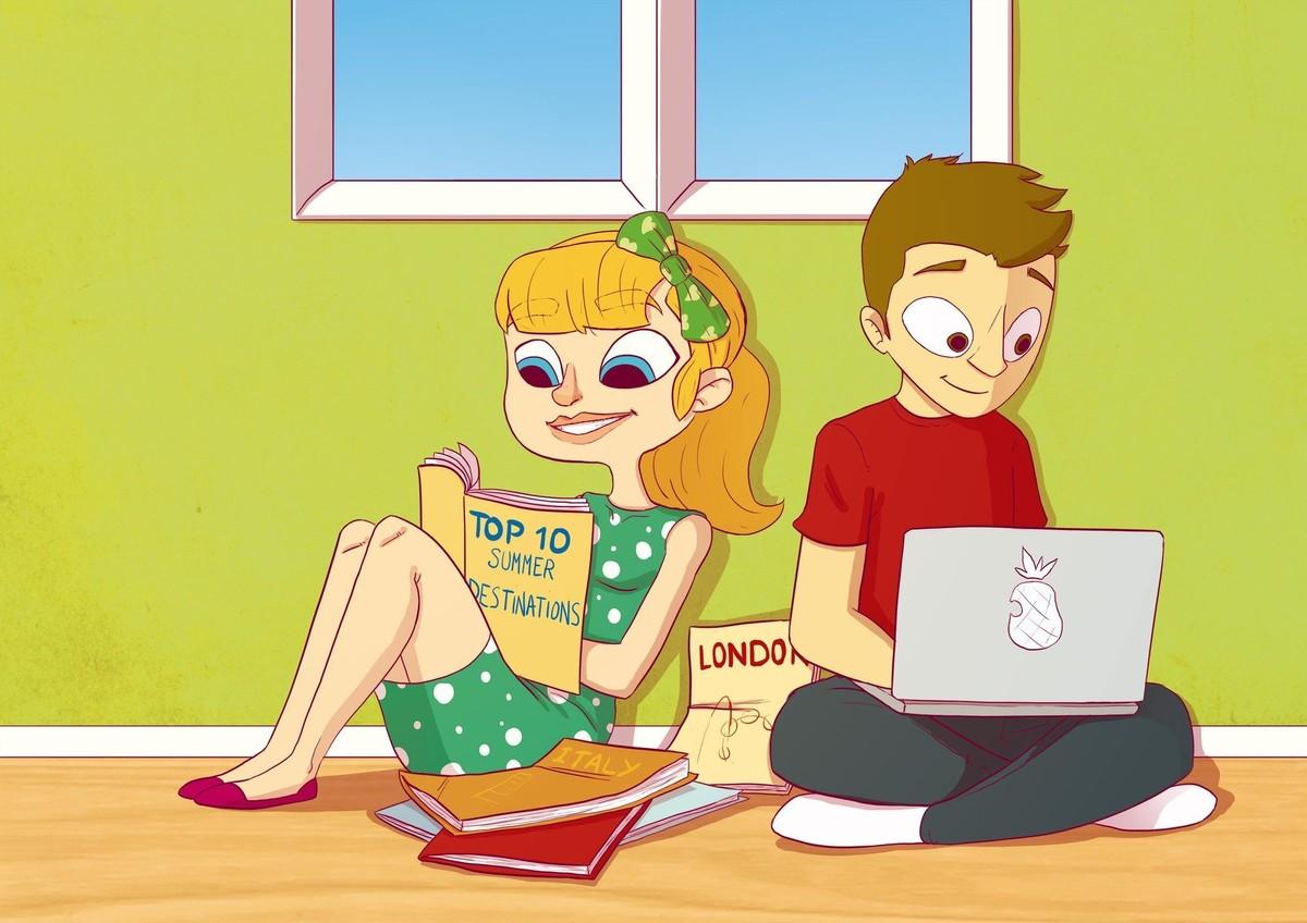 Illustration où deux enfants, une fille et un garçon, sont assis dans une chambre. La jeune fille lit un livre et le garçon travaille sur un ordinateur portable