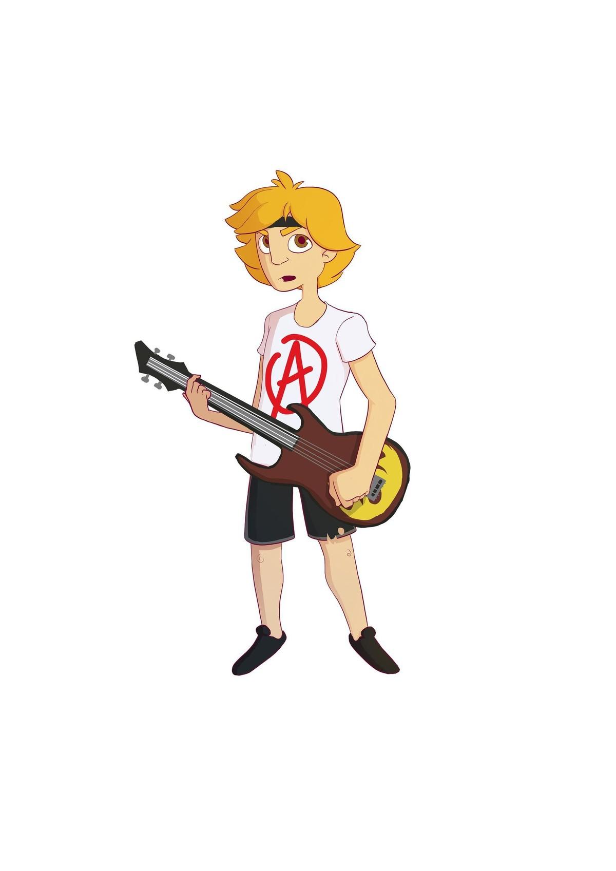 garçon jouant de la guitare avec un t-shirt portant le symbole anarchy