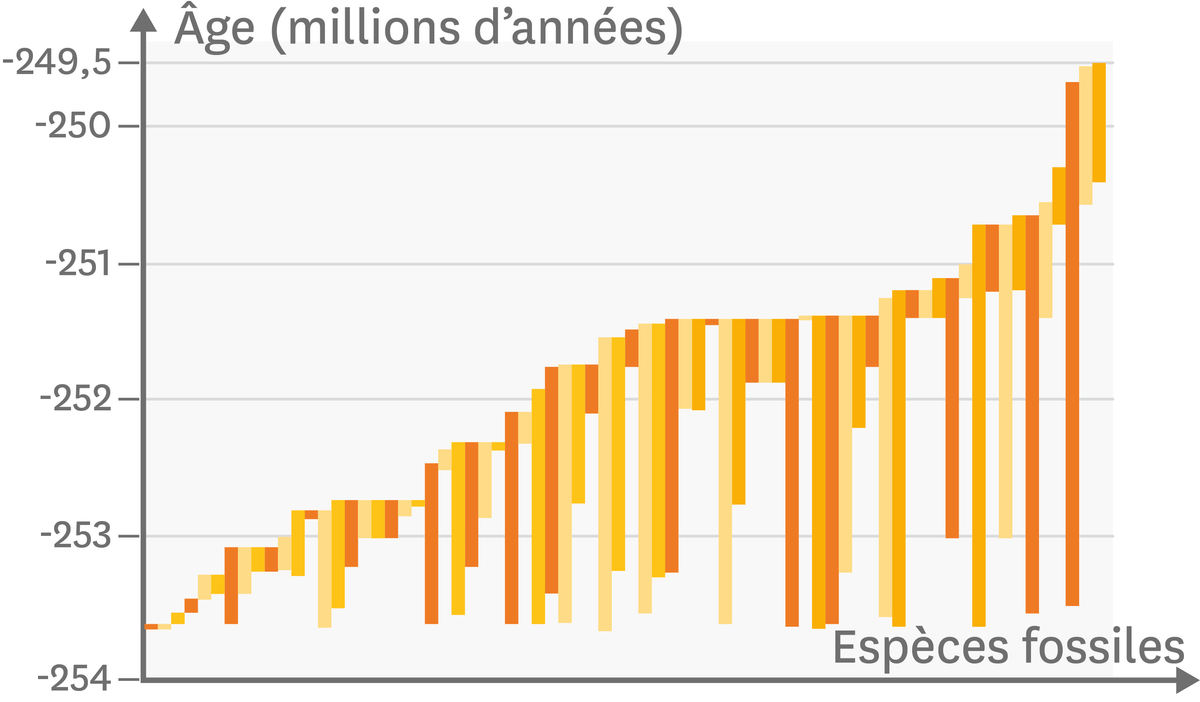La présence de différents fossiles au cours du temps autour de la limite Permien-Trias.