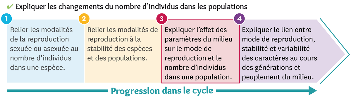 Illustration de la progression dans le cycle: étape 3: Expliquer l'effet des paramètres du milieu sur le mode de reproduction et le nombre d'individus dans une population.