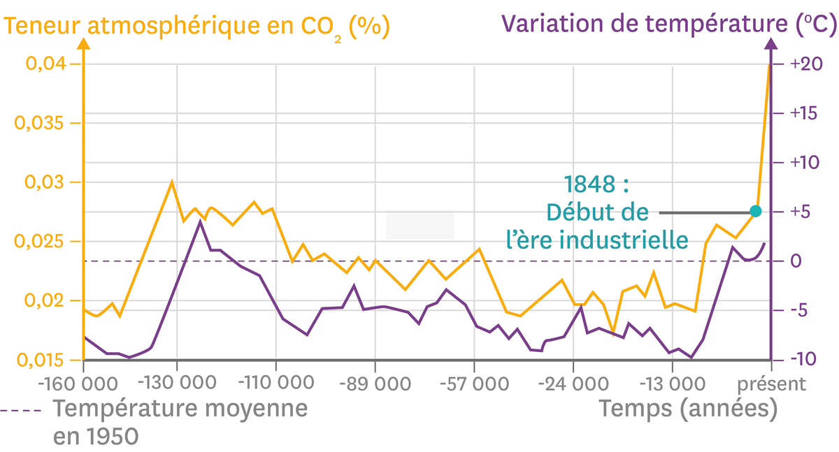 Graphique de l'évolution de la température de la Terre et de la concentration en dioxyde de carbone atmosphérique depuis 160 000 ans.