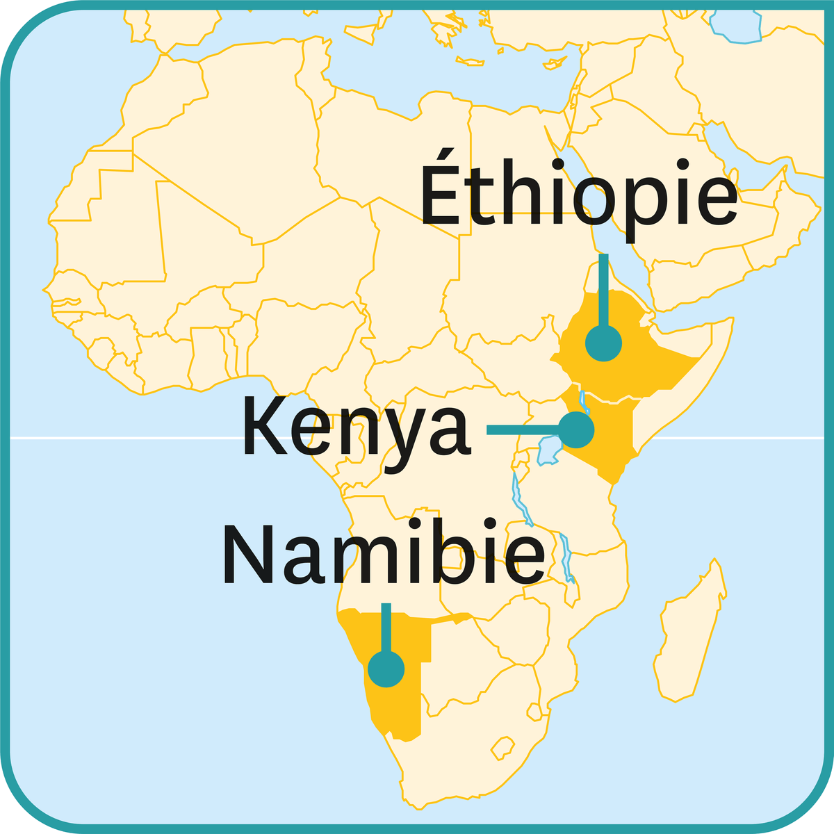 Carte de l'afrique où sont mis en évidence le Kenya, l'Éthiopie et ela Namibie
