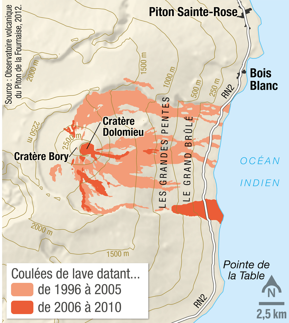 La carte des coulées de lave du piton de la Fournaise, sur l'ile de La Réunion, entre 1996 et 2010.