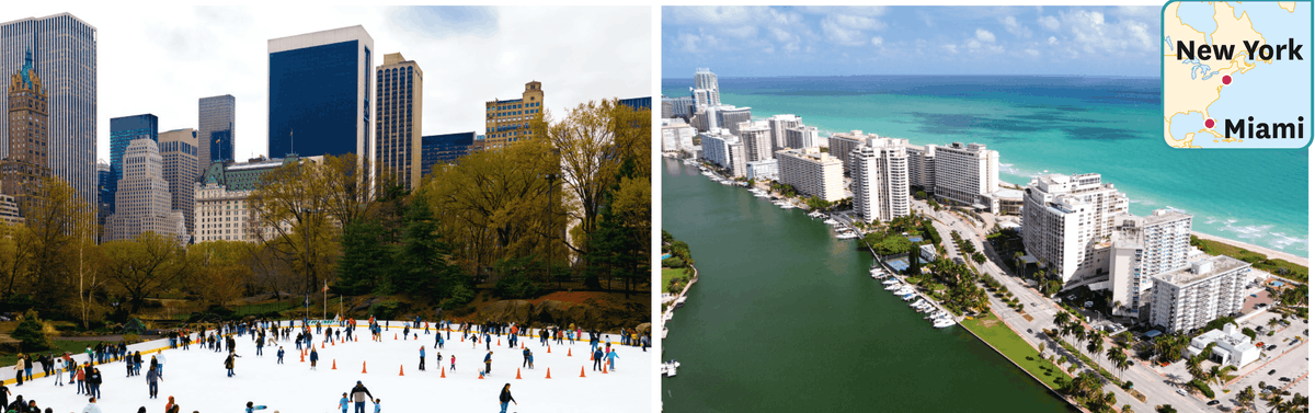 Photographie de New York et de Miami un 1er janvier.