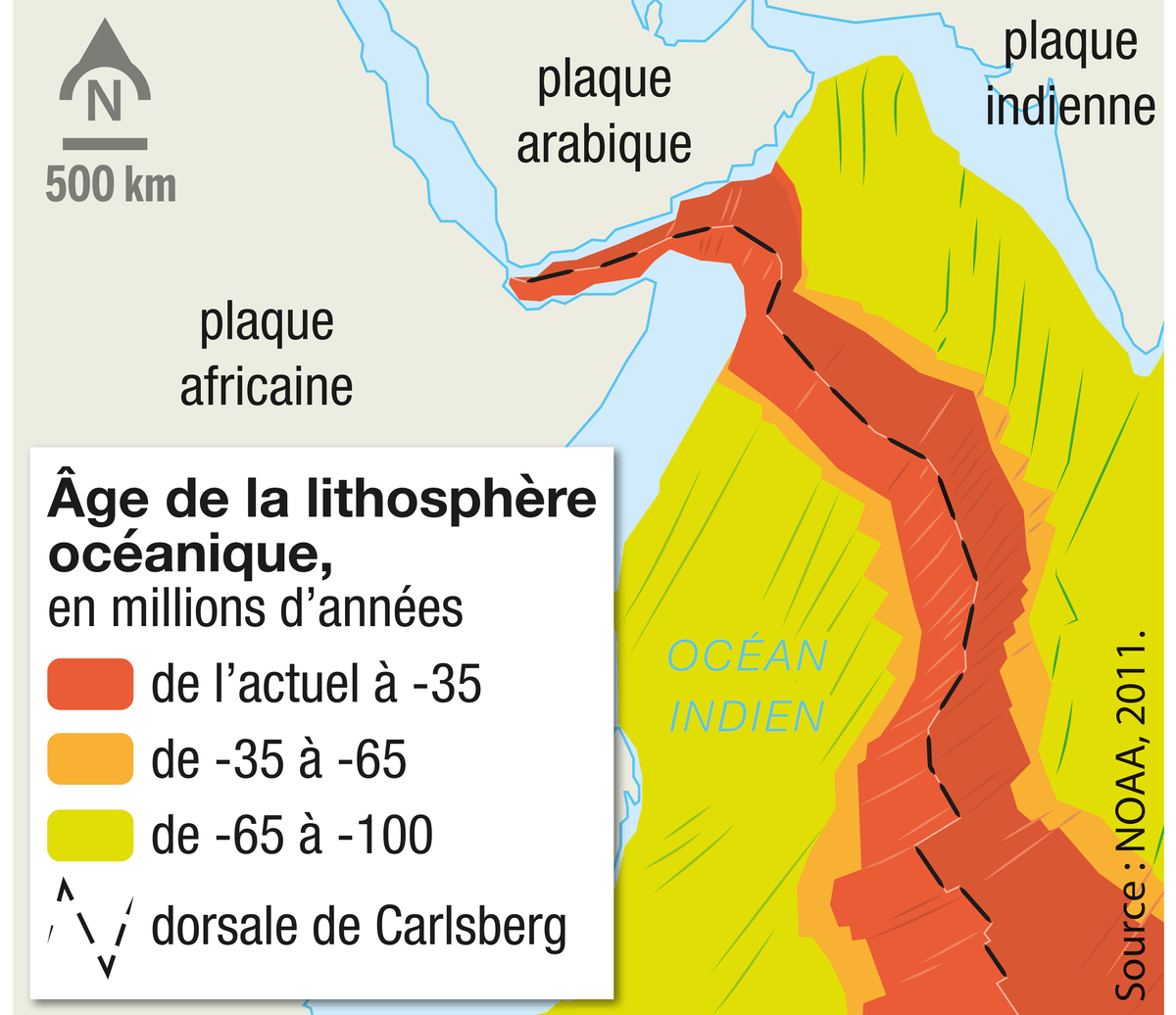 Carte représentant l'âge de la lithosphère océanique de l'océan Indien.