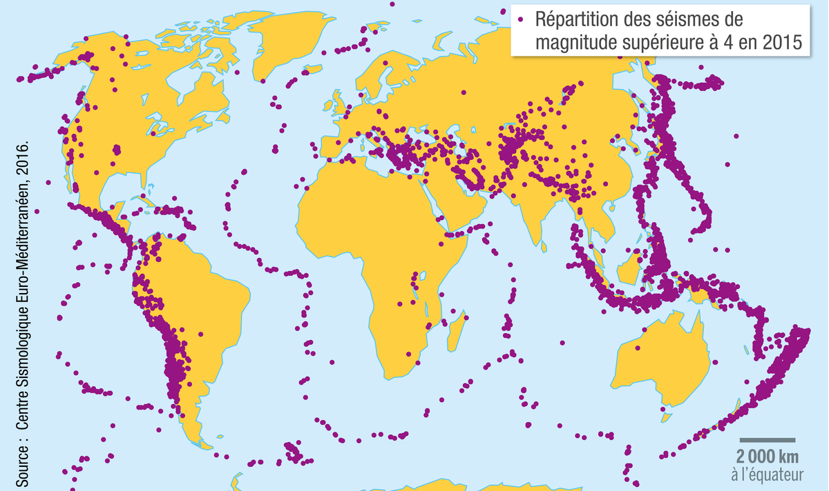 Carte reprenant la répartition mondiale des séismes en 2015.