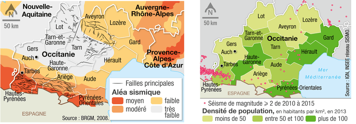 Les cartes des aléas sismiques et de la densité de population en Occitanie.