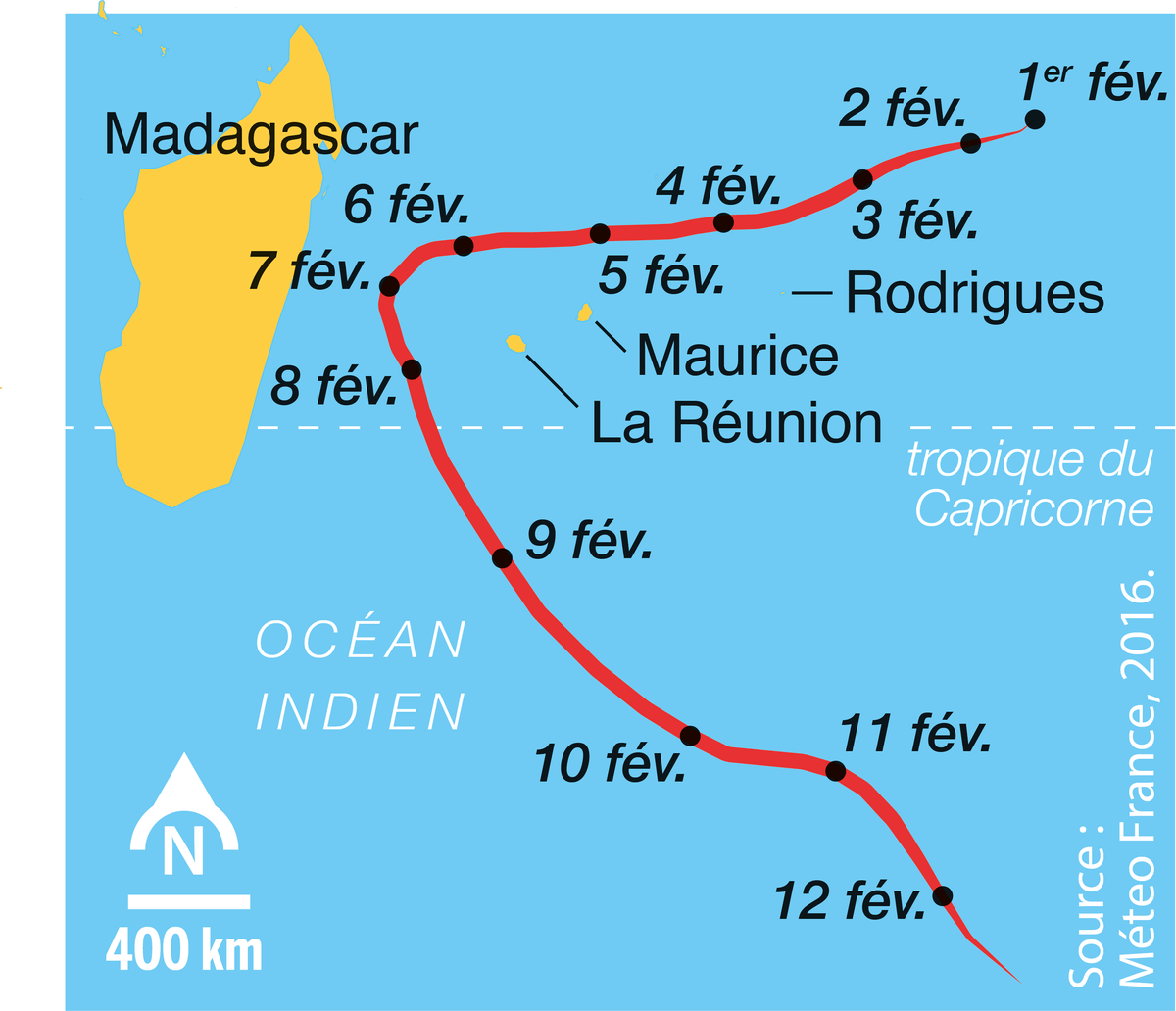  La trajectoire du cœur du cyclone Gaël (février 2009).