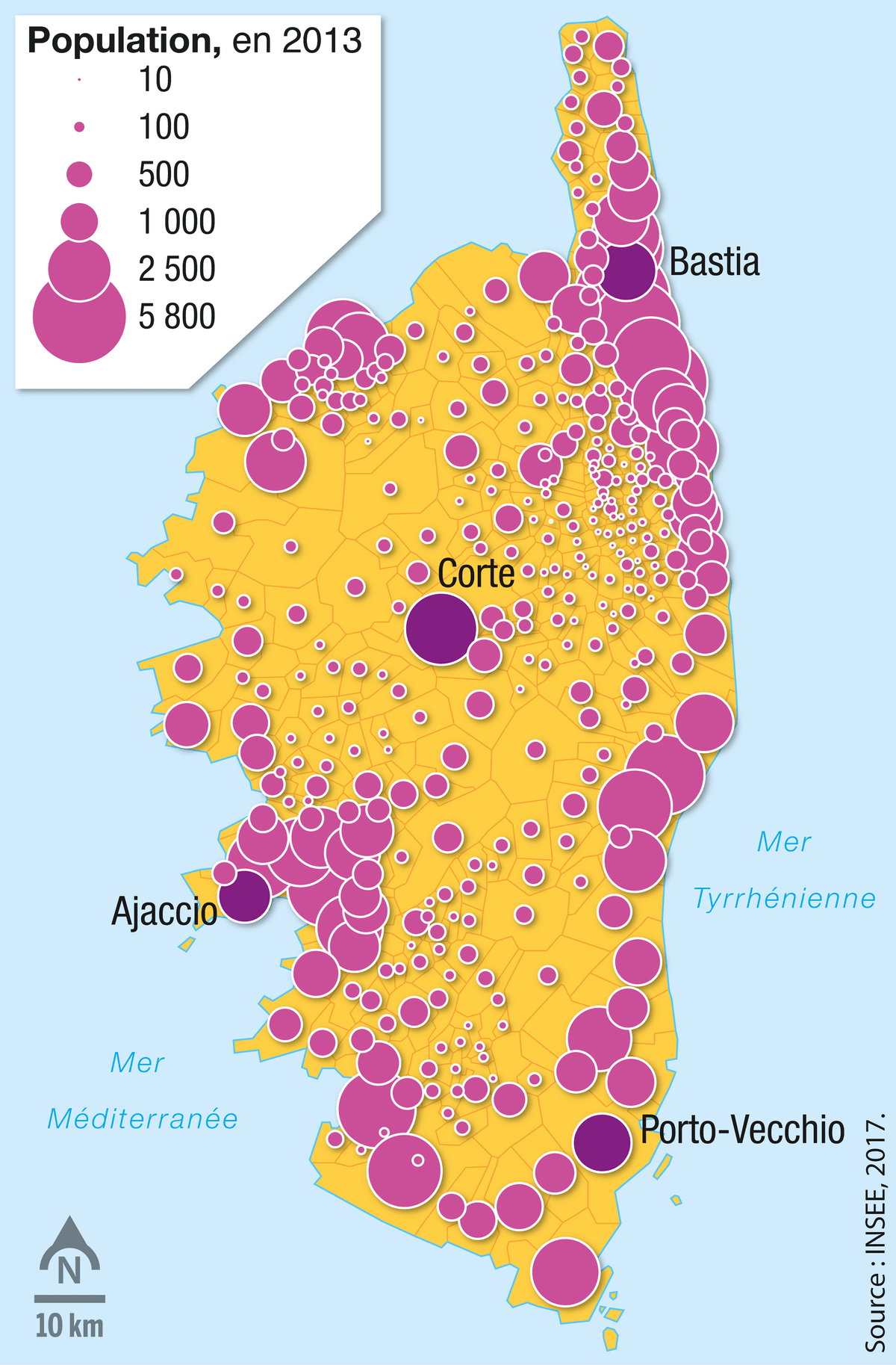 La densité de population des communes de l'ile.