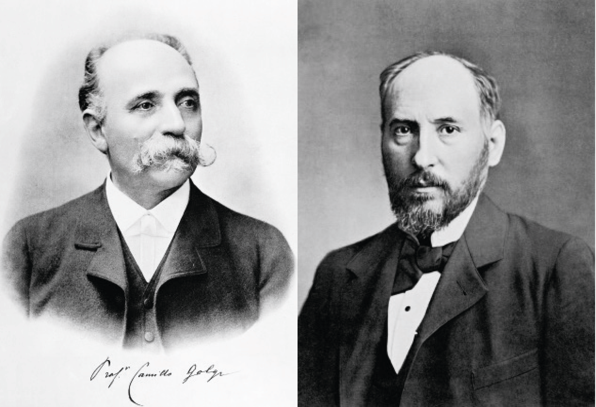 Camillo Golgi (à gauche) et Ramón y Cajal (à droite).
