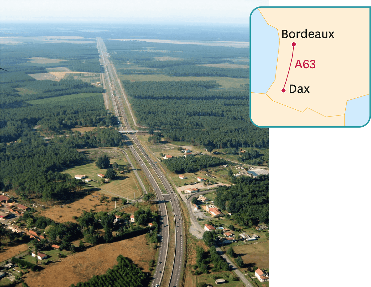 Photographie et tracé de l'autoroute A63 : Bordeaux-Dax