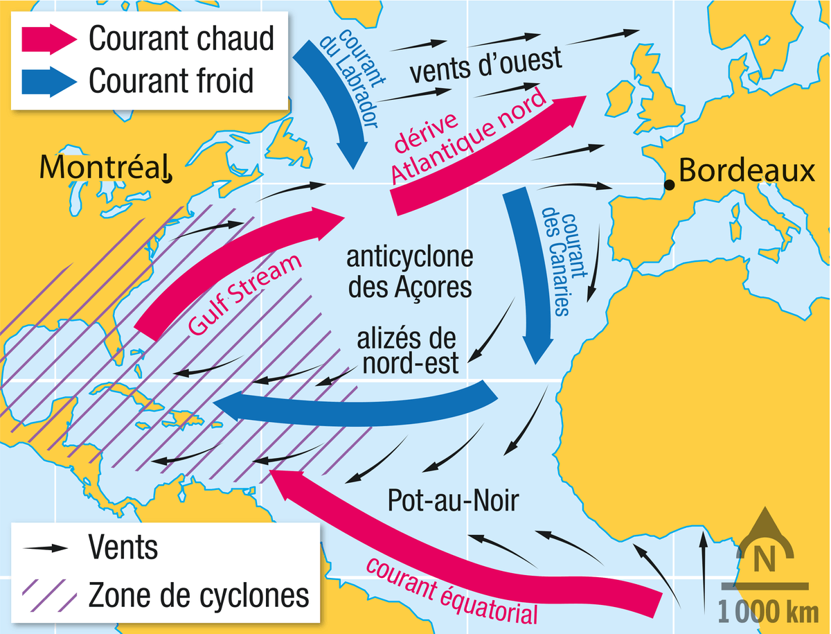 Carte des courants marins et atmosphériques de l'Atlantique Nord.