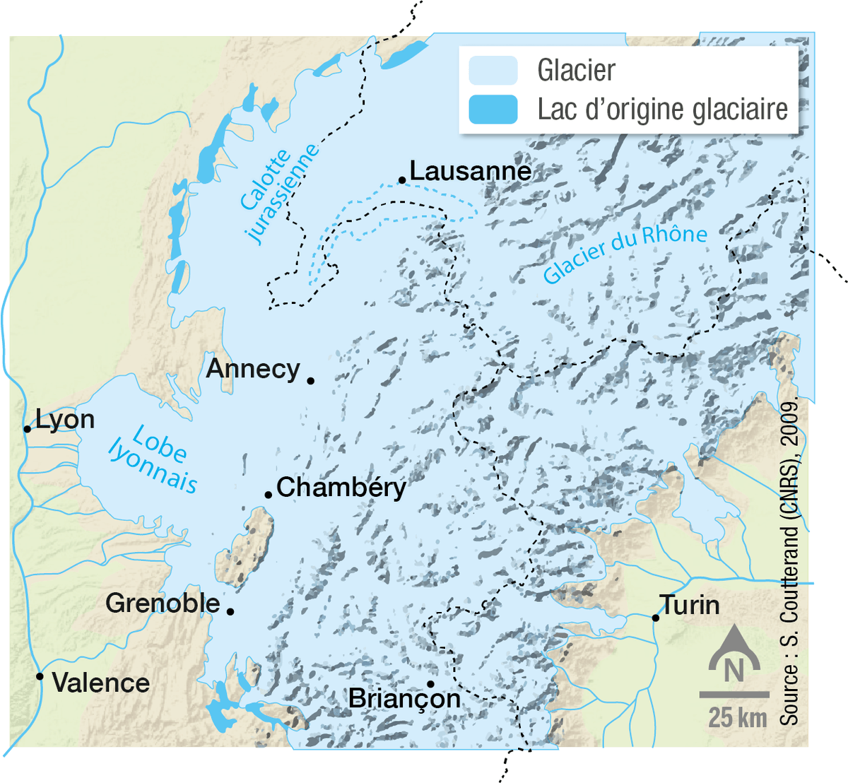 Les glaciers des Alpes au maximum de la glaciation de Würm, il y a 40 000 ans.