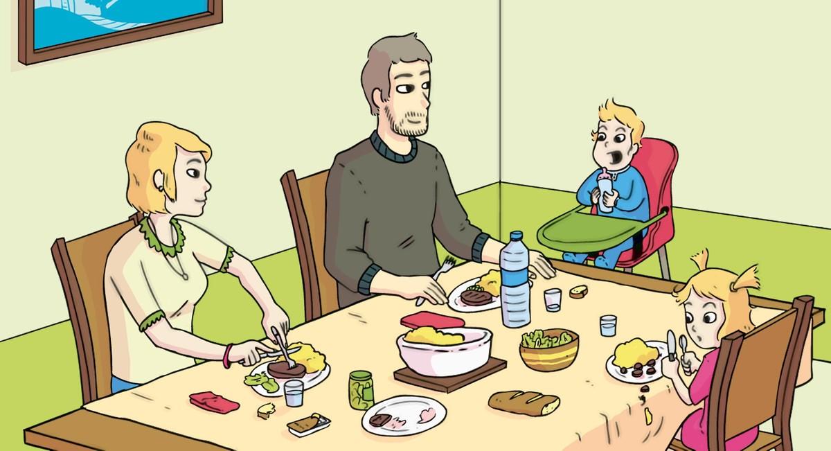 L'alimentation à différents âges : illustration d'une fammile de quatre personnes à table