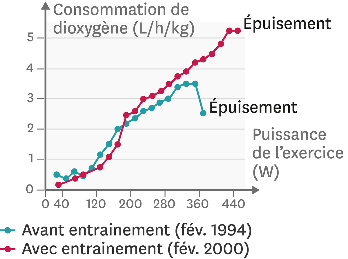 l'effet de six années d'entrainement sur la consommation de dioxygène d'un individu.