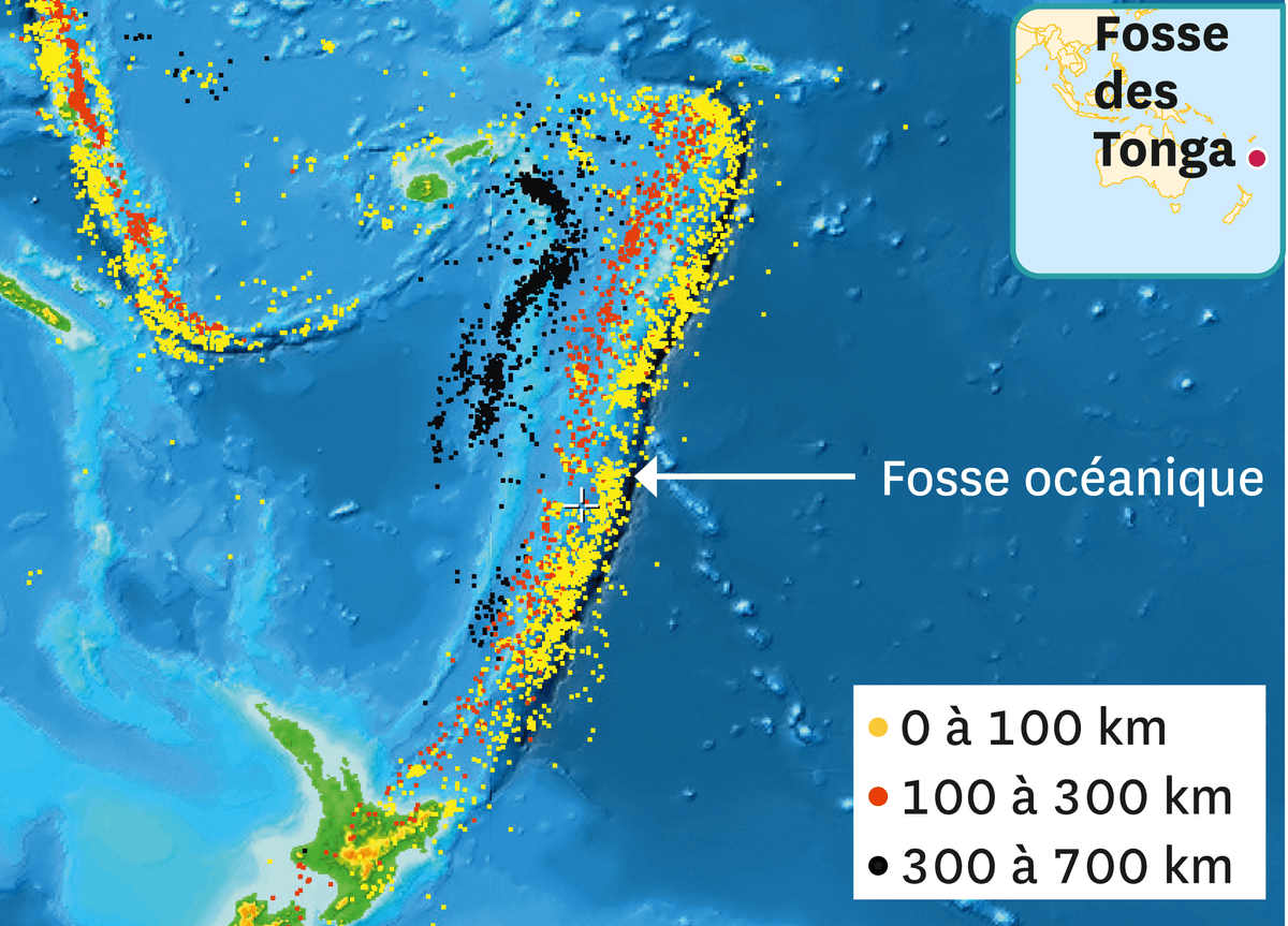 Carte avec les profondeurs du foyer des séismes de la
fosse des Tonga.