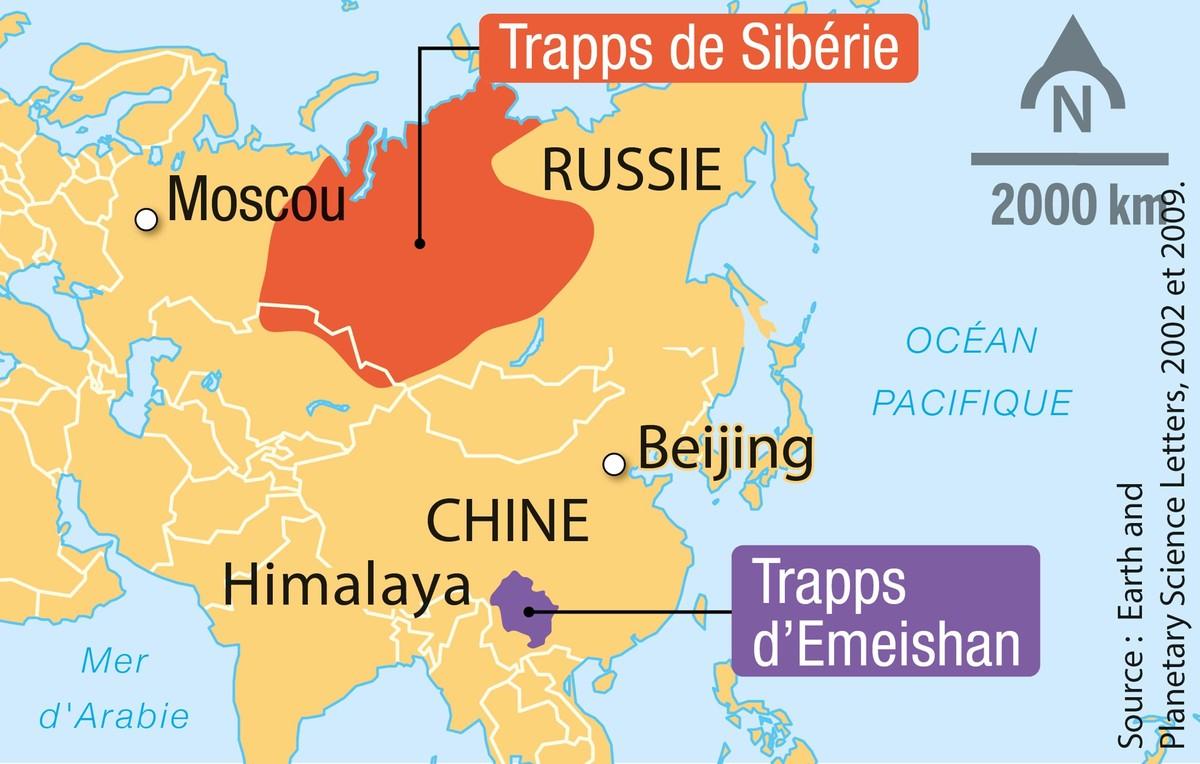 Les trapps volcaniques à la transition Permien-Trias en Asie.