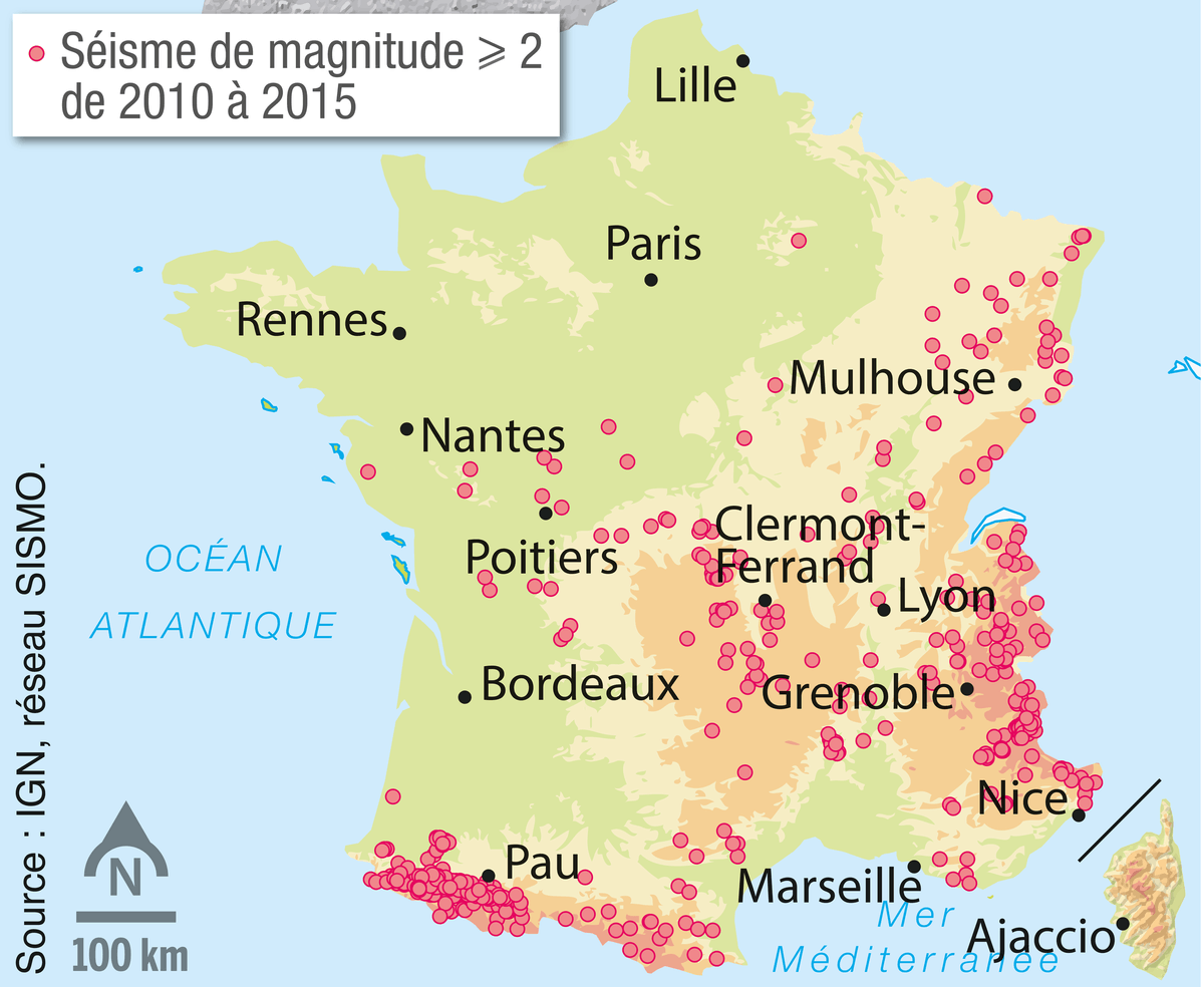 Carte de la répartition des séismes de magnitude et plus en France entre 2010 et 2015.