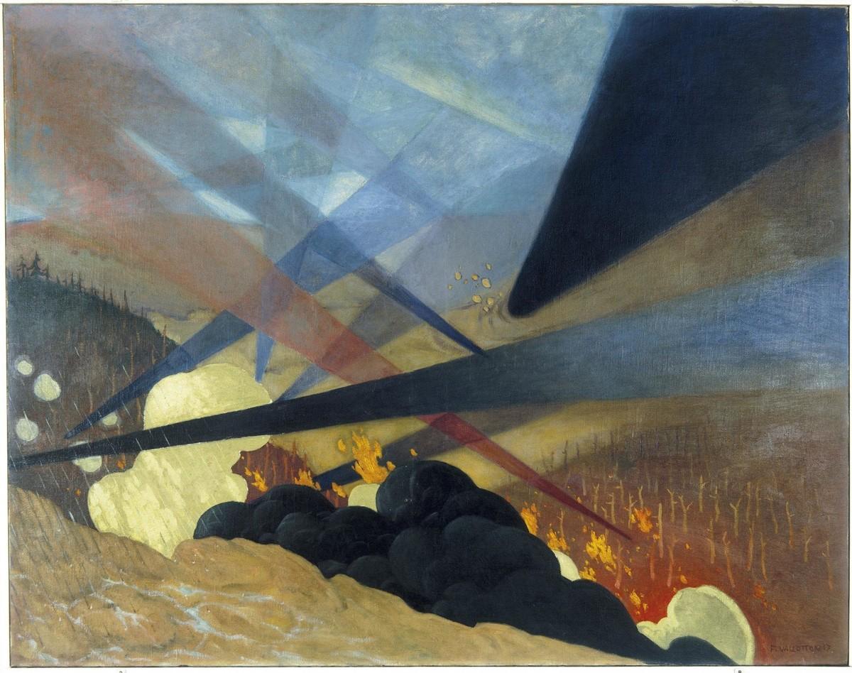 Verdun. Tableau de guerre interprété, projections colorées noires, bleues et rouges, terrains dévastés, nuées de gaz